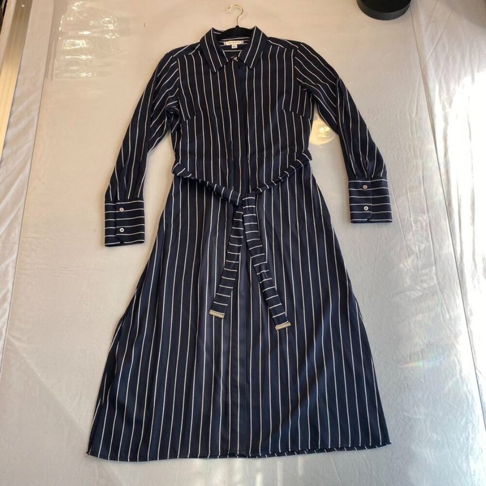 Tommy Hilfiger Belted Striped Shirt Dress Long Sleeve Navy Size 4 - Picture 3 of 16